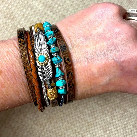 Bracelet, Turquoise& Brown, 7.5”x 1”, NIP, magnetic closure, Unisex, multi strap - Picture 1 of 8
